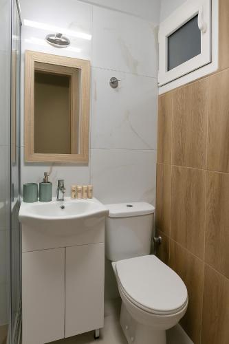 a white bathroom with a toilet and a sink at GpxClr-Come Undone Suite in Larisa