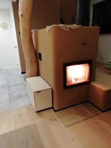 a living room with a fireplace in a box at Luxury eco home with large garden and lots of light in Sas van Gent