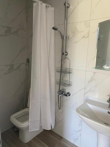 a bathroom with a shower with a toilet and a sink at Sunset Villa Apartments Alepokhori in Káto Alepokhórion