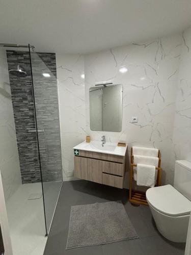 a bathroom with a toilet and a sink and a shower at Alojamento Alto da Lixa in Freixo de Cima