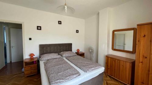 a bedroom with a bed and a mirror at Holiday home in Balatonmariafürdo 54665 in Balatonmáriafürdő