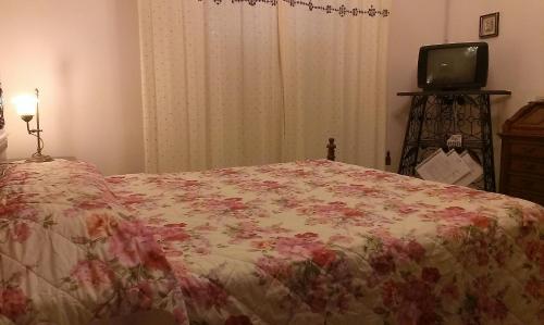 a bedroom with a bed with a flowered blanket and a television at B&B Itala in Recanati