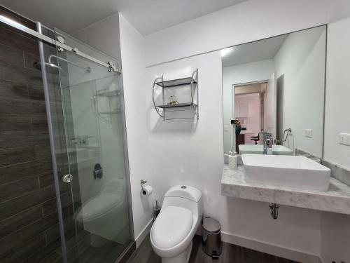 a bathroom with a toilet and a sink and a shower at Departamento en San Isidro in Lima