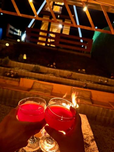 two hands holding glasses of red wine on a table at Villa Roi in Ferizaj