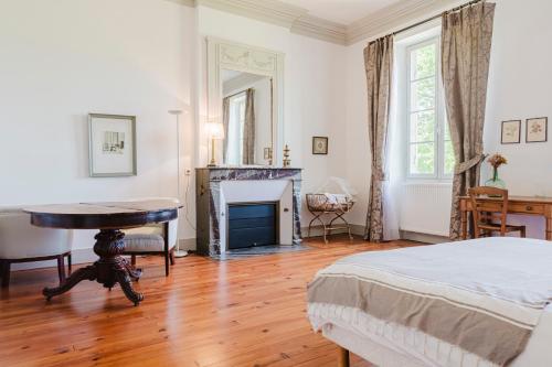a bedroom with a bed and a fireplace at Domaine de la Grotte in Sore