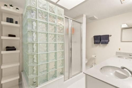 Un baño con ducha de cristal y lavabo. en Pool! Games! Dogs! Space!, en San Antonio