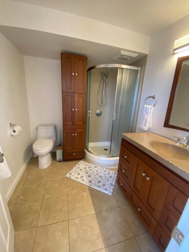 a bathroom with a shower and a toilet and a sink at Lavandine Farm in Watsonville