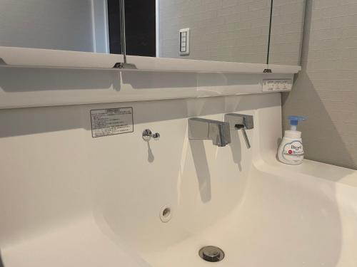 a bathroom with a sink and a mirror at The GameStop in Osaka