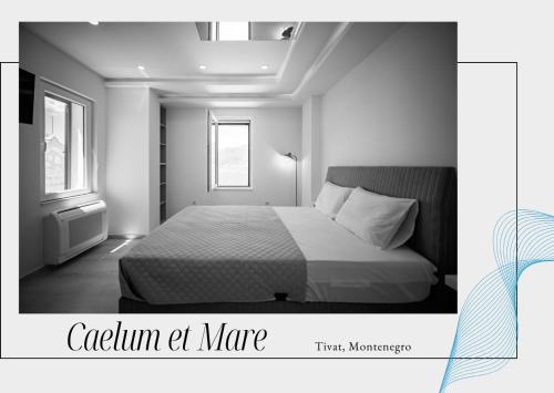 Una foto en blanco y negro de un dormitorio con cama en Caelum Et Mare, en Donja Lastva