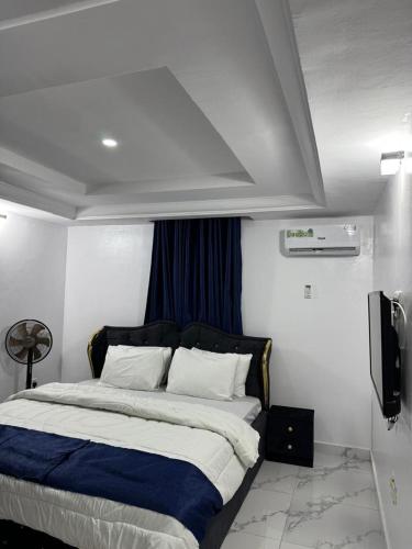 a bedroom with a large bed and a tv at newtown apartment olaleye iporin surulere nigeria in Iponri