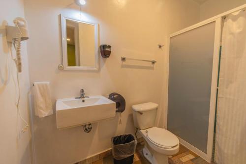 a bathroom with a toilet and a sink and a shower at Casa Mayahuel in Oaxaca City