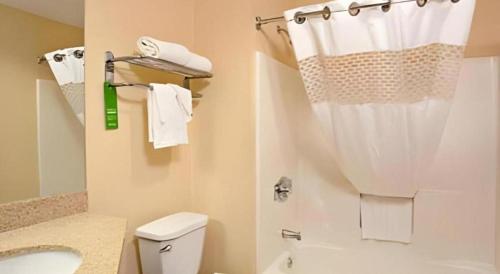 a bathroom with a white toilet and a shower at Flagstaff Hotel in Flagstaff