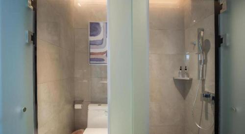 a bathroom with a shower and a white toilet at Echarm Hotel Changsha Wuyi Square Xiangya Affiliated 1st Provincial Maternity and Child in Changsha