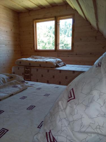 two beds in a room with two windows at Sadyba u Vani in Volovets