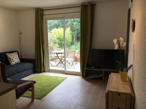 sala de estar con sofá, TV y puerta corredera de cristal en Les Mimosas Apartments, en Villelongue-dels-Monts