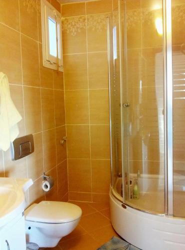 a bathroom with a toilet and a glass shower at Villa Mavi Çalis in Fethiye
