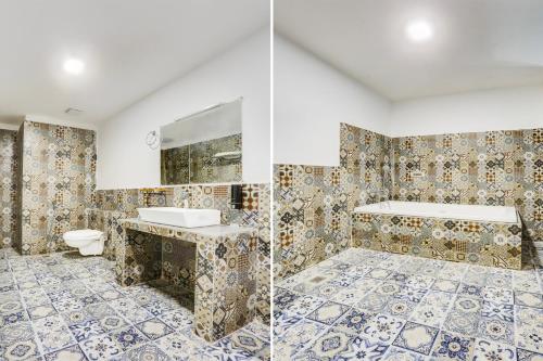 two pictures of a bathroom with a sink and a toilet at Palette Hotel and Resort Bareilly Formerly Bellazio Suites in Bareilly
