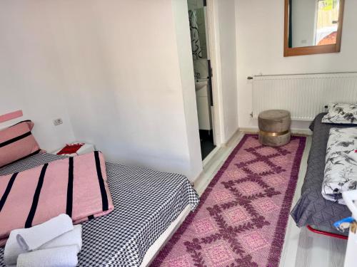 a room with two beds and a pink rug at Casa Adela in Neagra