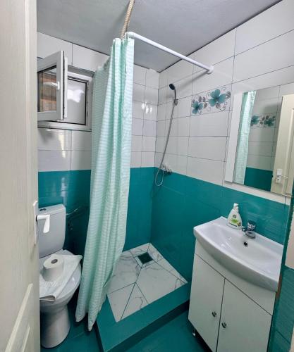 a blue bathroom with a toilet and a sink at Casa Adela in Neagra