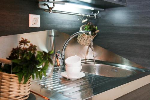 a kitchen sink with a faucet and some plants at Drossinos Studios in Poros