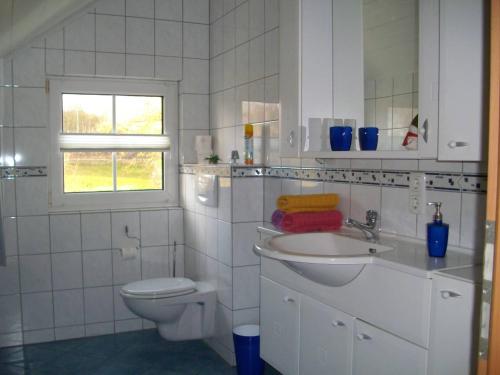 een witte badkamer met een toilet en een wastafel bij Ferienwohnung Mastiaux in Mirbach