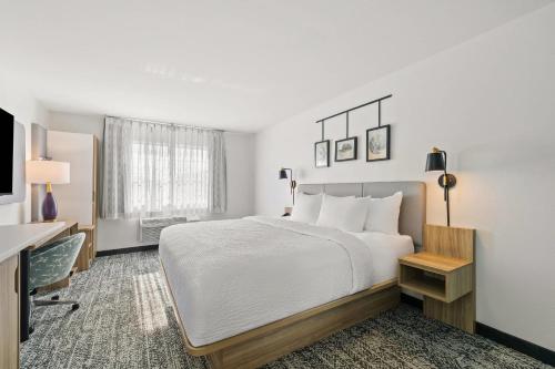 a bedroom with a bed and a desk and a television at Sleep Inn & Suites Verona - Madison Southwest in Verona