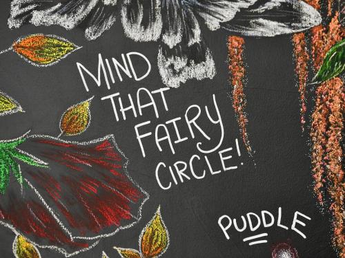 a chalkboard with the words mind that fairy circle on it at YHA Windermere in Troutbeck