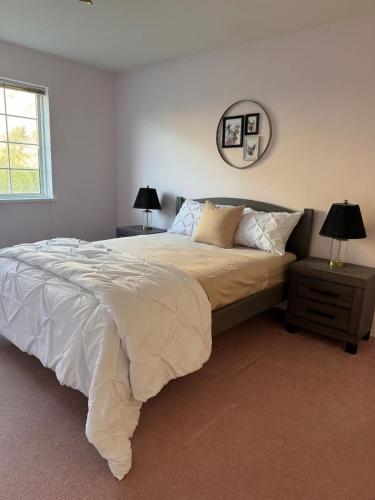 a bedroom with a bed and a mirror on the wall at Vineyard Vacation Home Hot Tub Sunroom in Keremeos