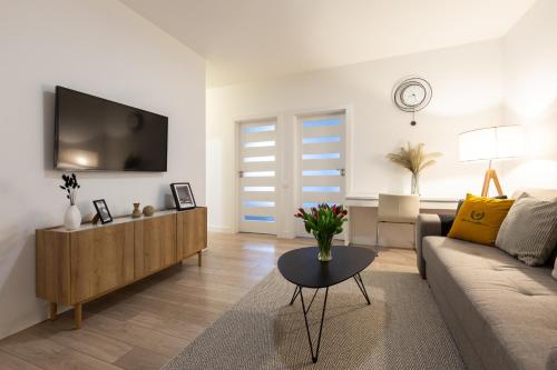a living room with a couch and a tv at Apartamenty Gdańsk EU - Waterlane in Gdańsk