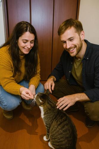 Mameda-shimmachiにある旅籠屋ゆいまーる - 猫と触れ合える宿の猫と遊ぶ男性と女性