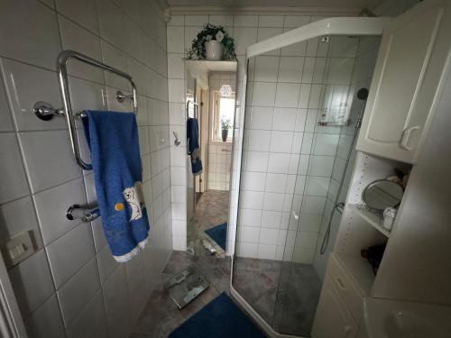 a bathroom with a shower with a blue towel at Villa Jan in Öckerö