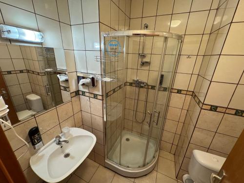 a bathroom with a shower and a sink and a toilet at Penzion Zornicka in Bardejovské Kúpele