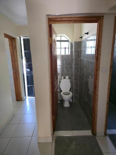 a bathroom with a toilet and a walk in shower at Nyodera Homes Furnished Apartments in Oyugis