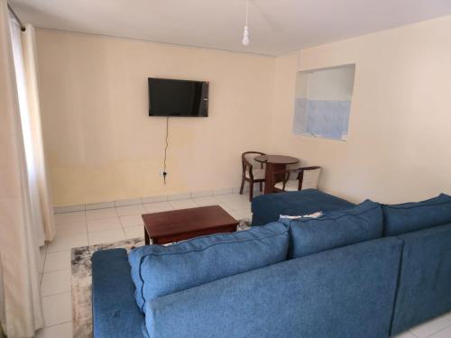 a living room with a blue couch and a tv at Nyodera Homes Furnished Apartments in Oyugis