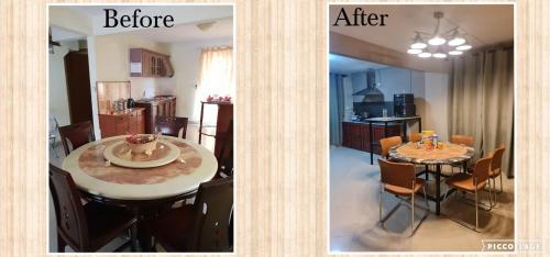 two pictures of a kitchen and a dining room with a table at Résidence Les Badamiers --- Exotica Villa in Centre de Flacq