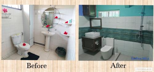 two pictures of a bathroom with a toilet and a sink at Résidence Les Badamiers --- Exotica Villa in Centre de Flacq