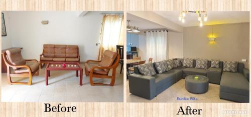 two pictures of a living room with a couch and chairs at Résidence Les Badamiers --- Exotica Villa in Centre de Flacq