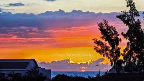a sunset over the ocean with a tree at Sun Penthouse in Flic-en-Flac