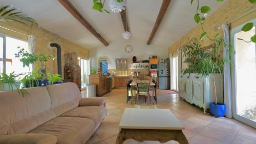 ein Wohnzimmer mit Sofa und Tisch in der Unterkunft Le Jardin Suspendu Gîte avec piscine et jacuzzi pour 15 personnes in Vailhauquès