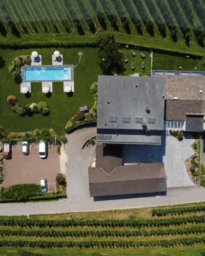 an aerial view of a house with a swimming pool at Boutique Hotel Wiesenhof - Adults Only in Lana