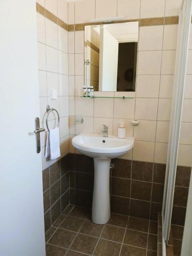 a bathroom with a sink and a mirror at Sti Physi in Keramiaí