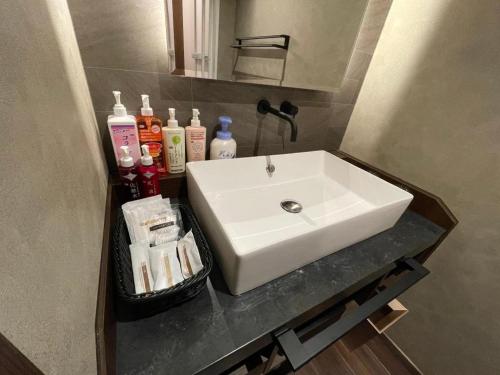 a bathroom with a white sink and a counter at Hotel Miyama in Chichibu