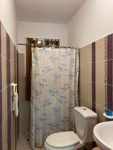un bagno con tenda da doccia e WC di Dar lborj a Kelibia