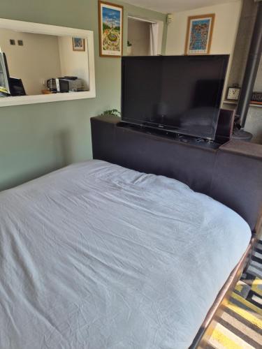 a bedroom with a bed and a flat screen tv at West Lodge in Hatfield