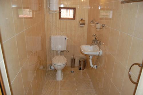 a bathroom with a toilet and a sink at Къщи "И пак дойдох" in Tryavna