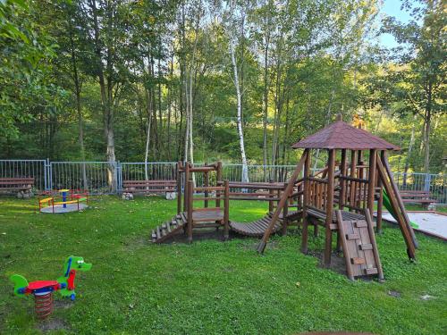 ein Park mit einem Spielplatz mit einem Holzspielgerät in der Unterkunft ZIELONA GOSPODA Choice in Preseka