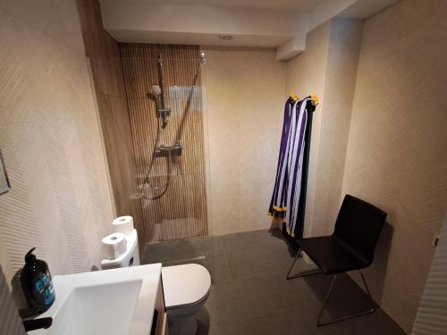 a bathroom with a shower and a toilet and a chair at Kawalerka przy RONDZIE 2 in Mrągowo