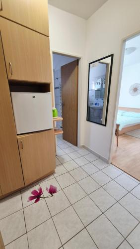 a kitchen with pink flowers on the floor at Apartmány a penzion Hacienda in Domanín