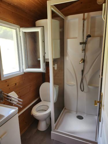 a small bathroom with a toilet and a shower at Gîtes à La Ferme Du Marquisat in Crots