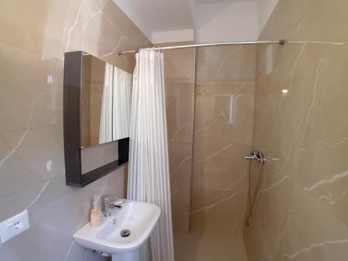a bathroom with a sink and a shower at Mimi's Apartments, Palasë in Palasë